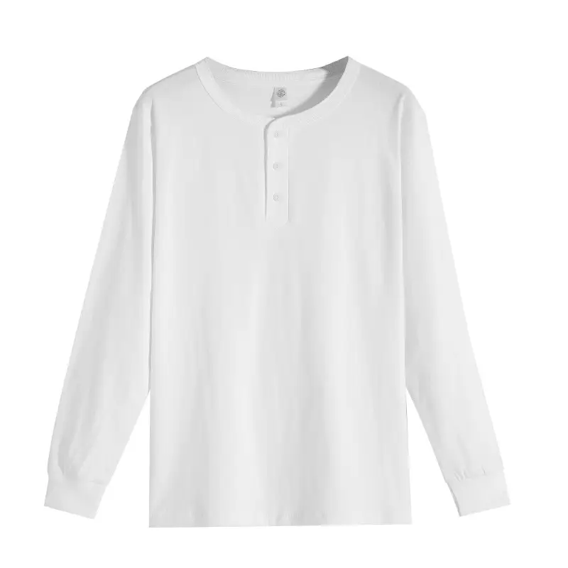 Men's White Henry Collar Long Sleeve T-Shirt 250g