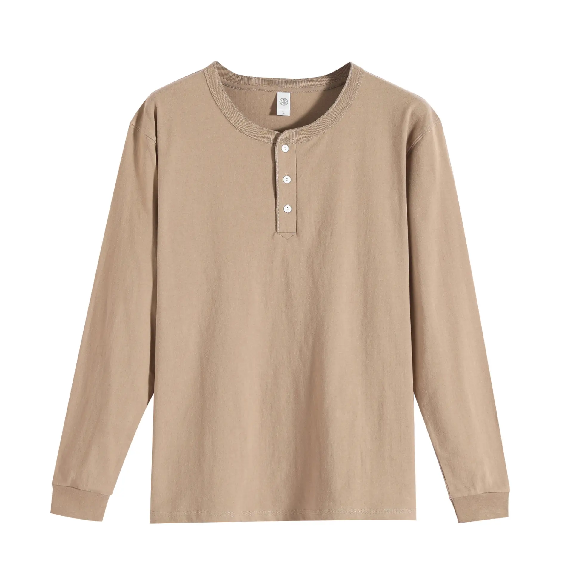 Men's White Henry Collar Long Sleeve T-Shirt 250g
