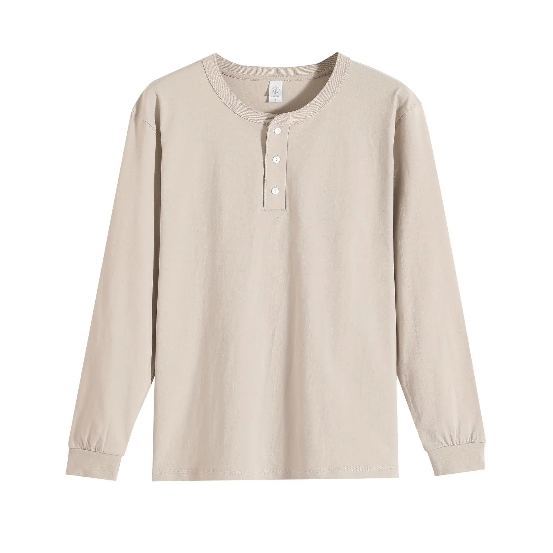 Men's White Henry Collar Long Sleeve T-Shirt 250g