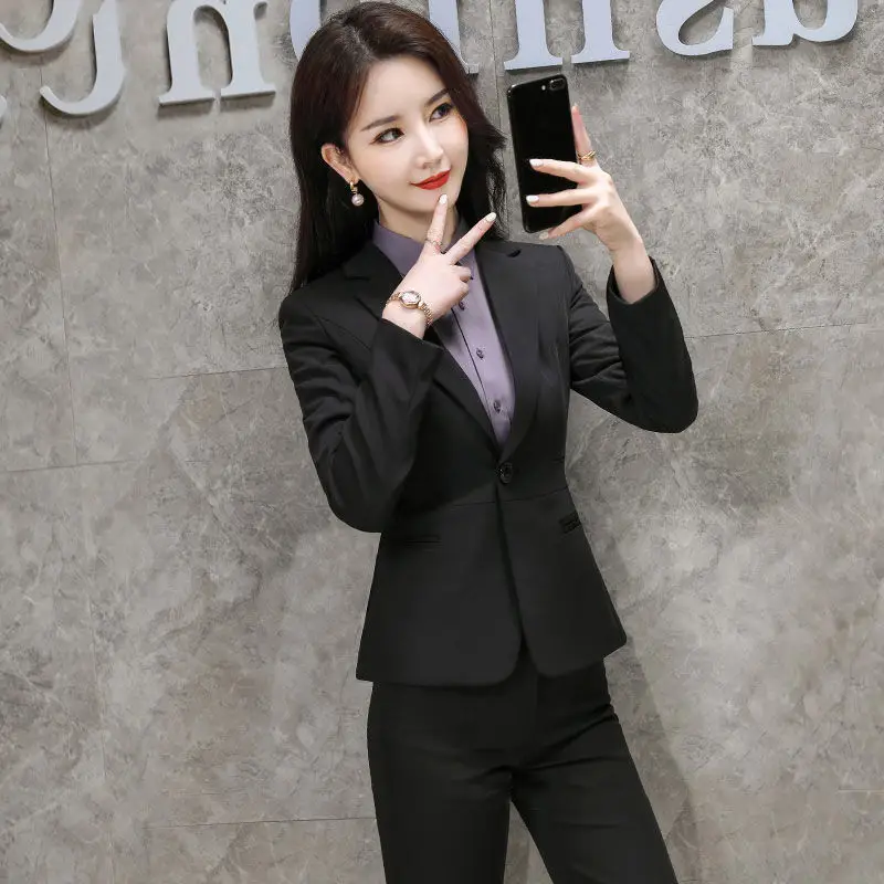 Women's Black College Suit Autumn Winter Professional Work Suit - Image 11