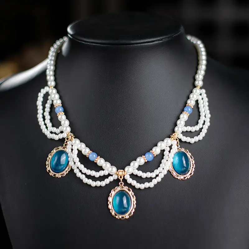 Multi-layer Pearl Necklace with Blue Gemstones - Image 4