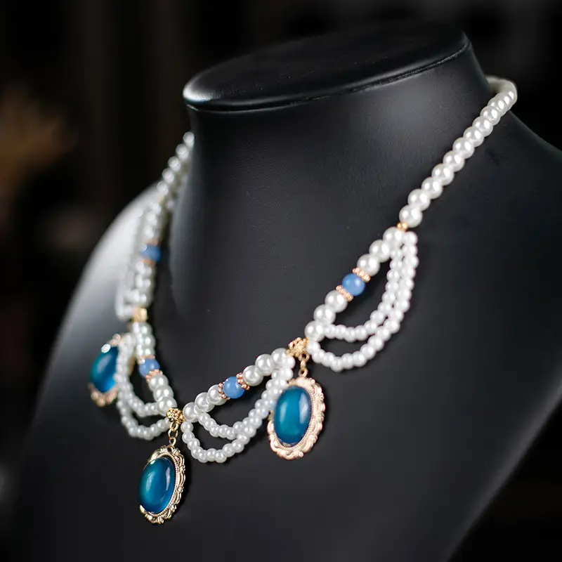 Multi-layer Pearl Necklace with Blue Gemstones - Image 5