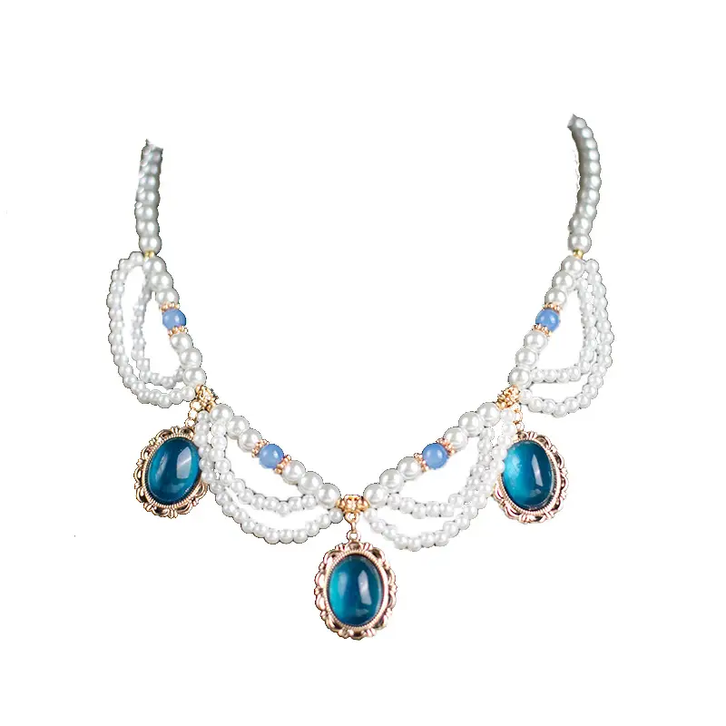 Multi-layer Pearl Necklace with Blue Gemstones - Image 6