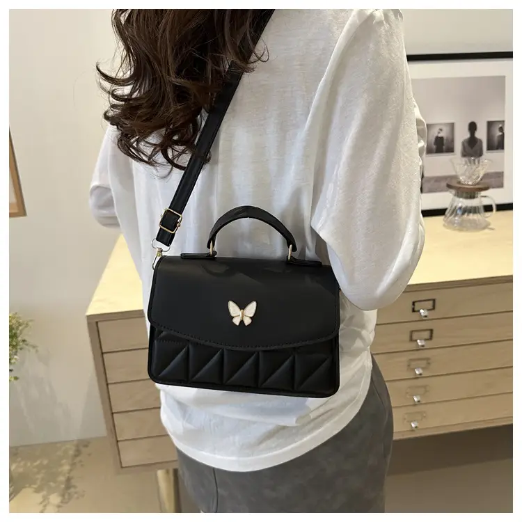 Women's Beige Quilted Shoulder Bag with Butterfly Charm - Image 7