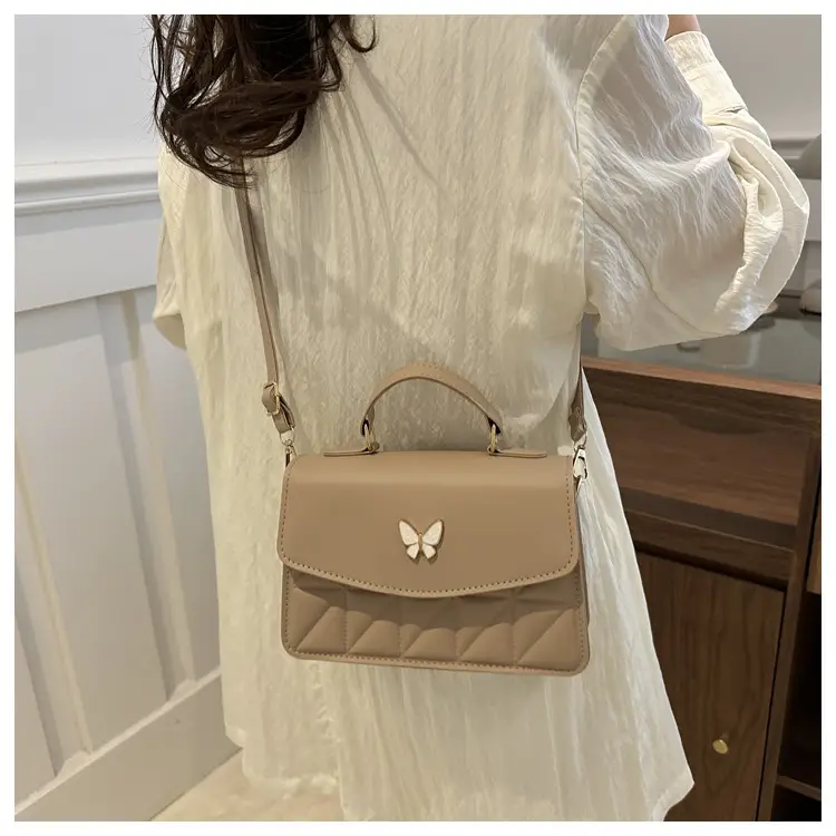 Women's Beige Quilted Shoulder Bag with Butterfly Charm - Image 8