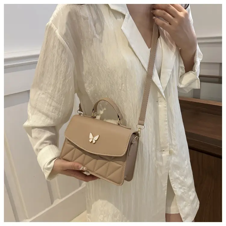 Women's Beige Quilted Shoulder Bag with Butterfly Charm — feature 17