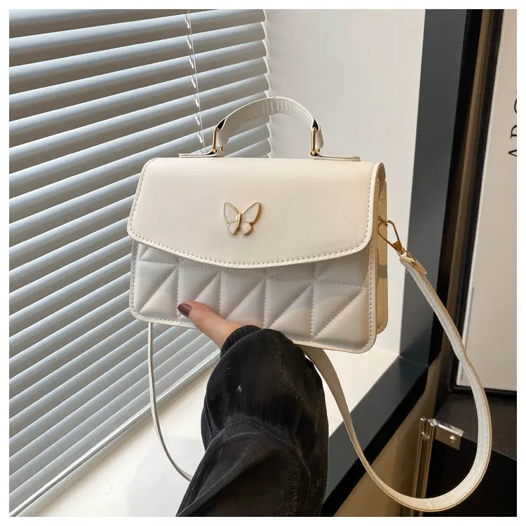 Women's Beige Quilted Shoulder Bag with Butterfly Charm — feature 25