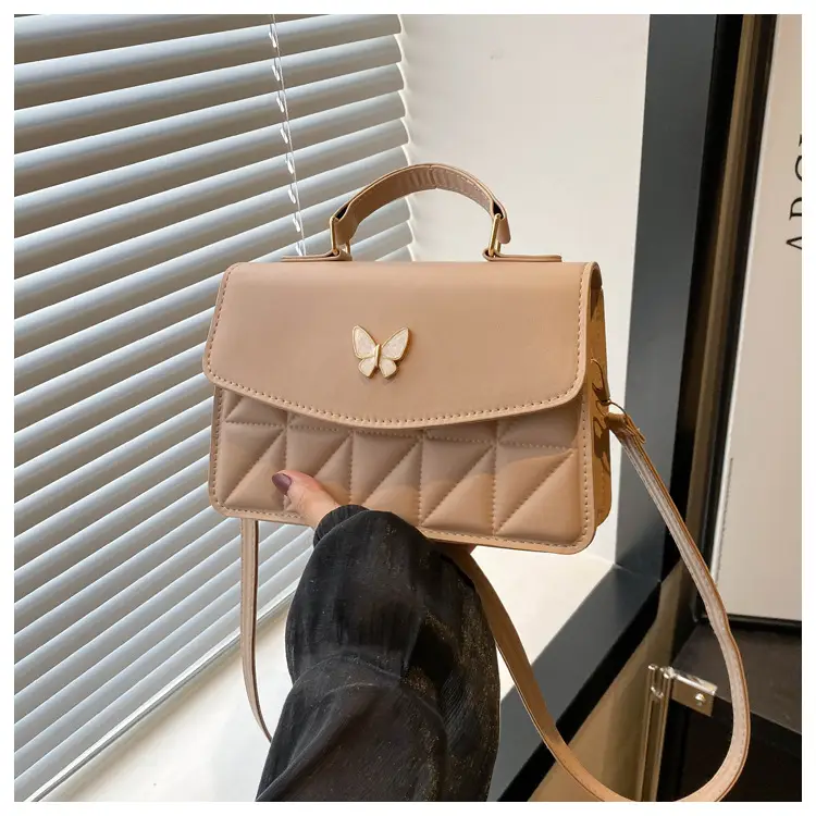 Women's Beige Quilted Shoulder Bag with Butterfly Charm - Image 5
