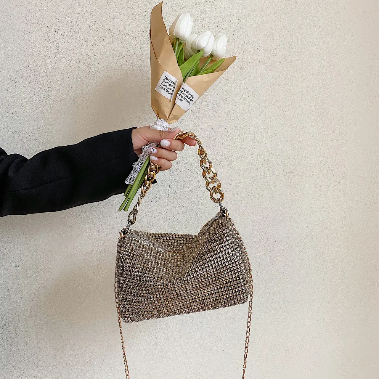 Women Rhinestone Chain Crossbody Bag Gold Plated