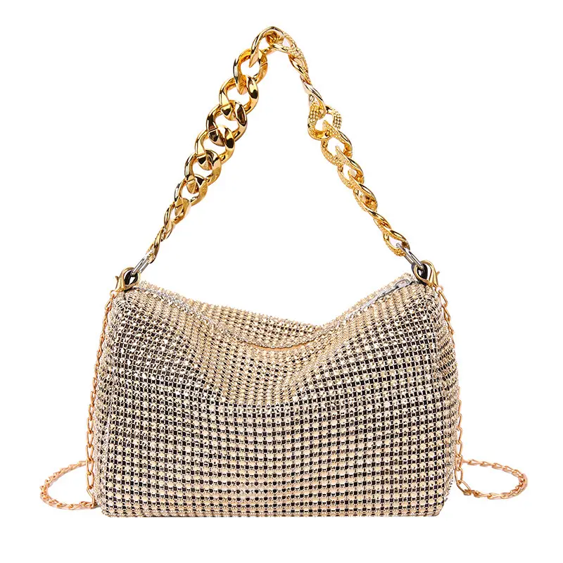 Women Rhinestone Chain Crossbody Bag Gold Plated