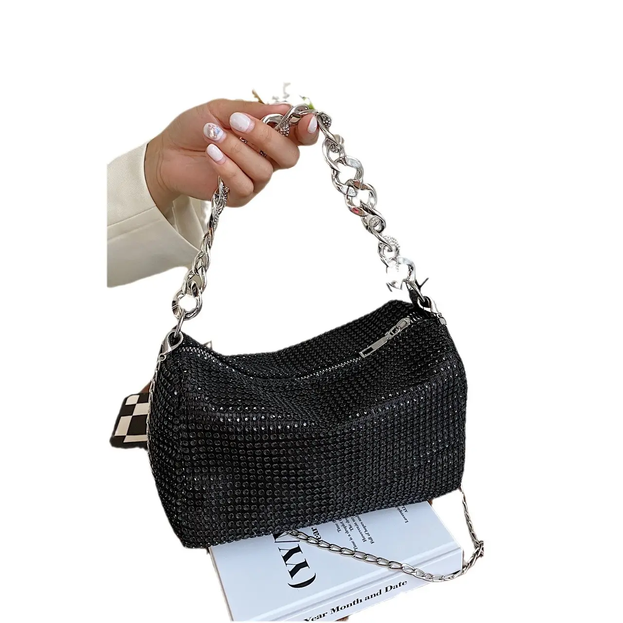 Women Rhinestone Chain Crossbody Bag Gold Plated