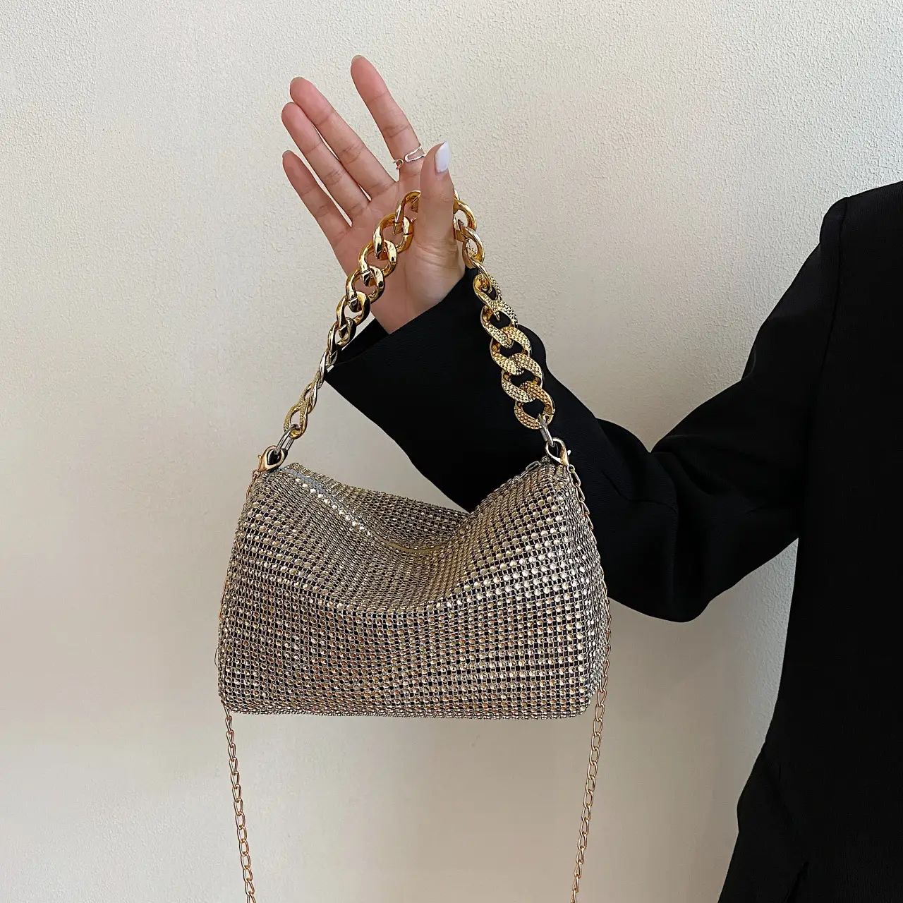 Women Rhinestone Chain Crossbody Bag Gold Plated — feature 21