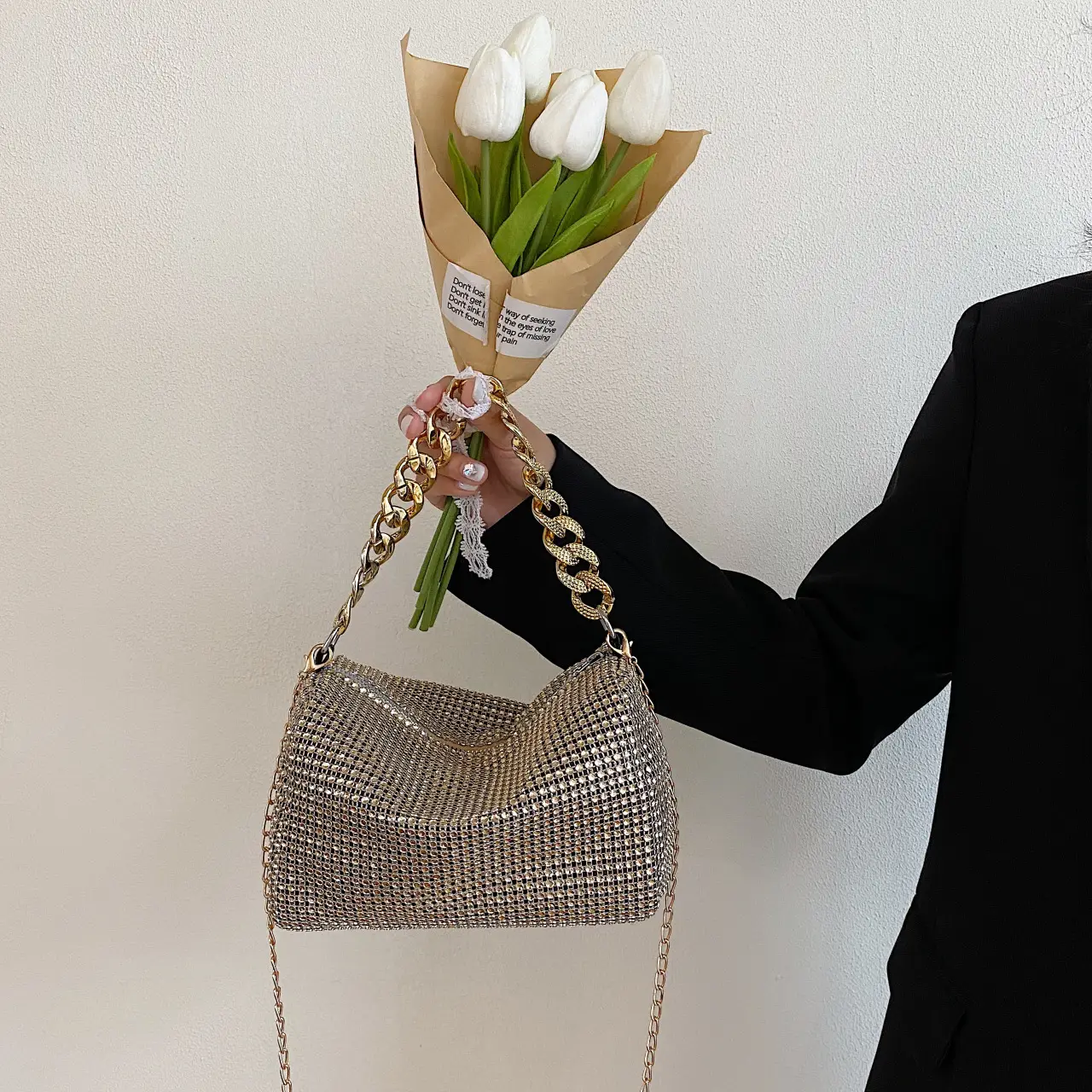 Women Rhinestone Chain Crossbody Bag Gold Plated — feature 22