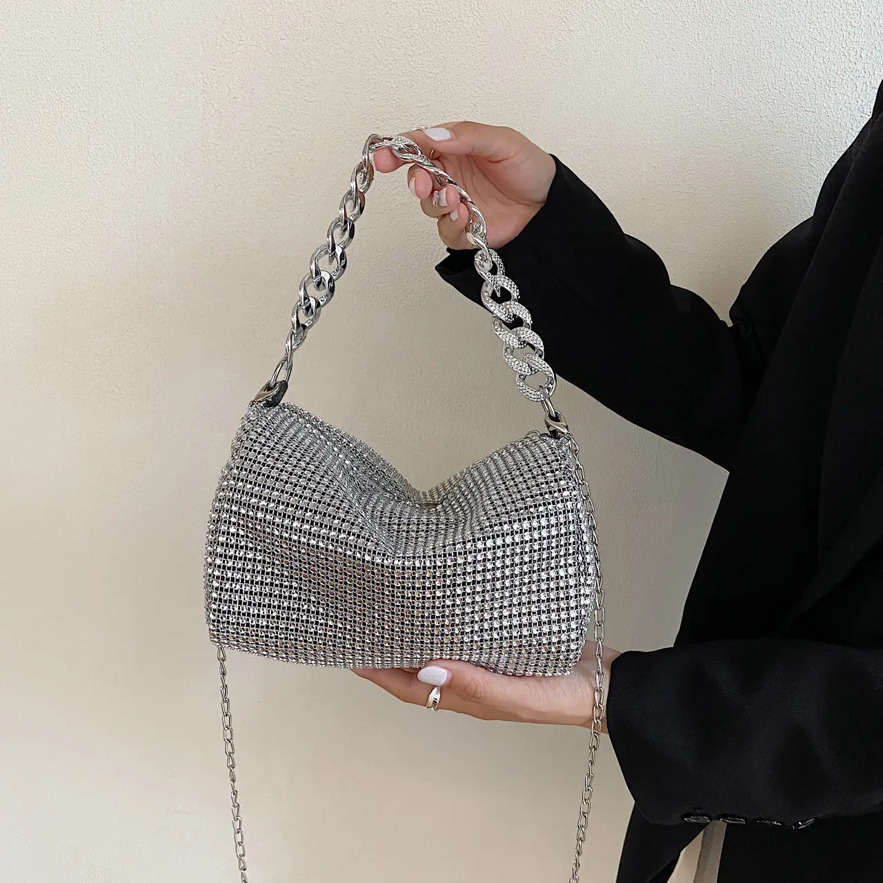 Women Rhinestone Chain Crossbody Bag Gold Plated — feature 26