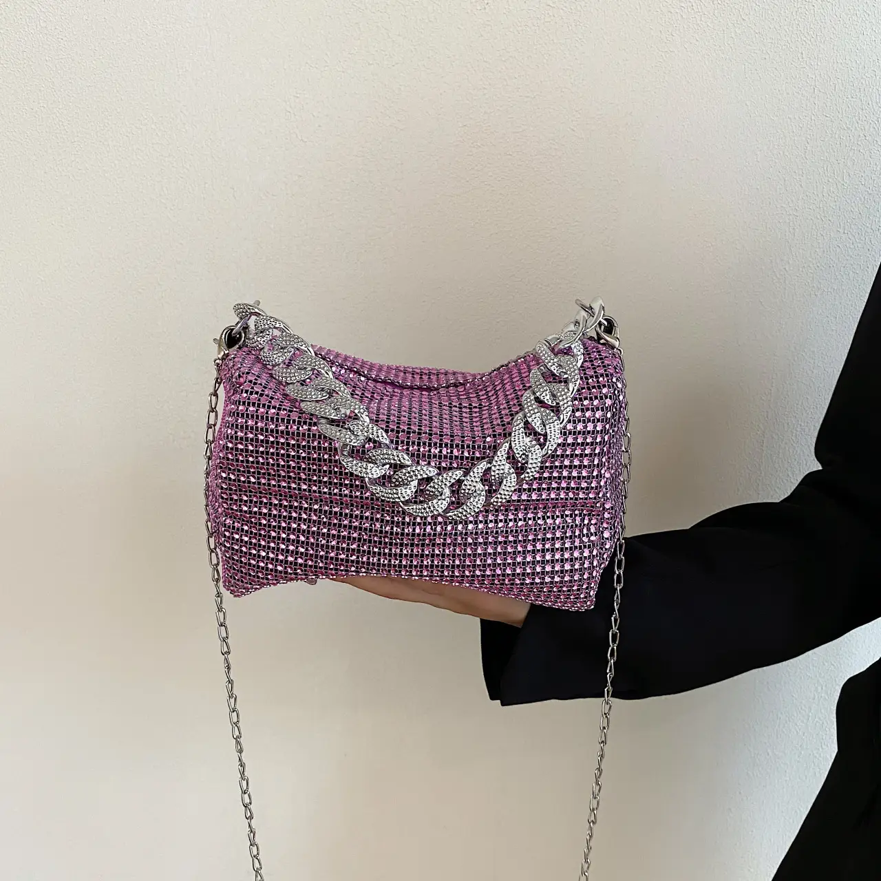 Women Rhinestone Chain Crossbody Bag Gold Plated — feature 30