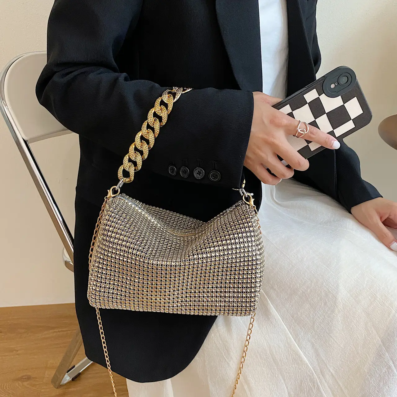 Women Rhinestone Chain Crossbody Bag Gold Plated — feature 35