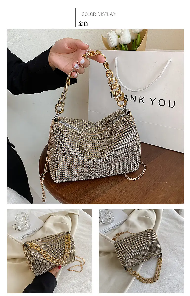 Women Rhinestone Chain Crossbody Bag Gold Plated — feature 6