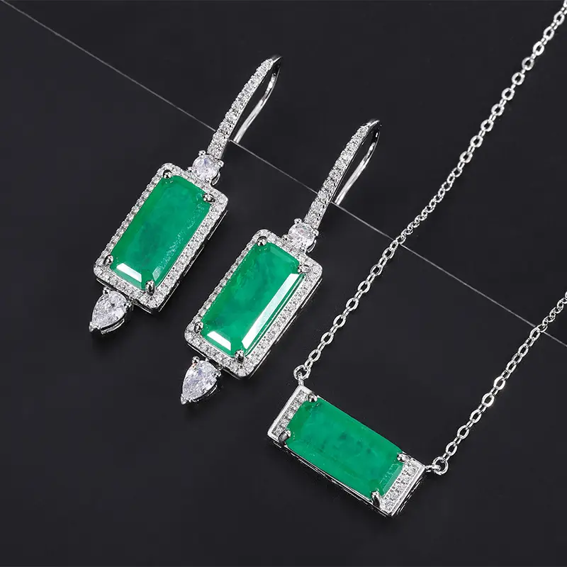 Emerald Gem Earrings with Zircon Clavicle Chain