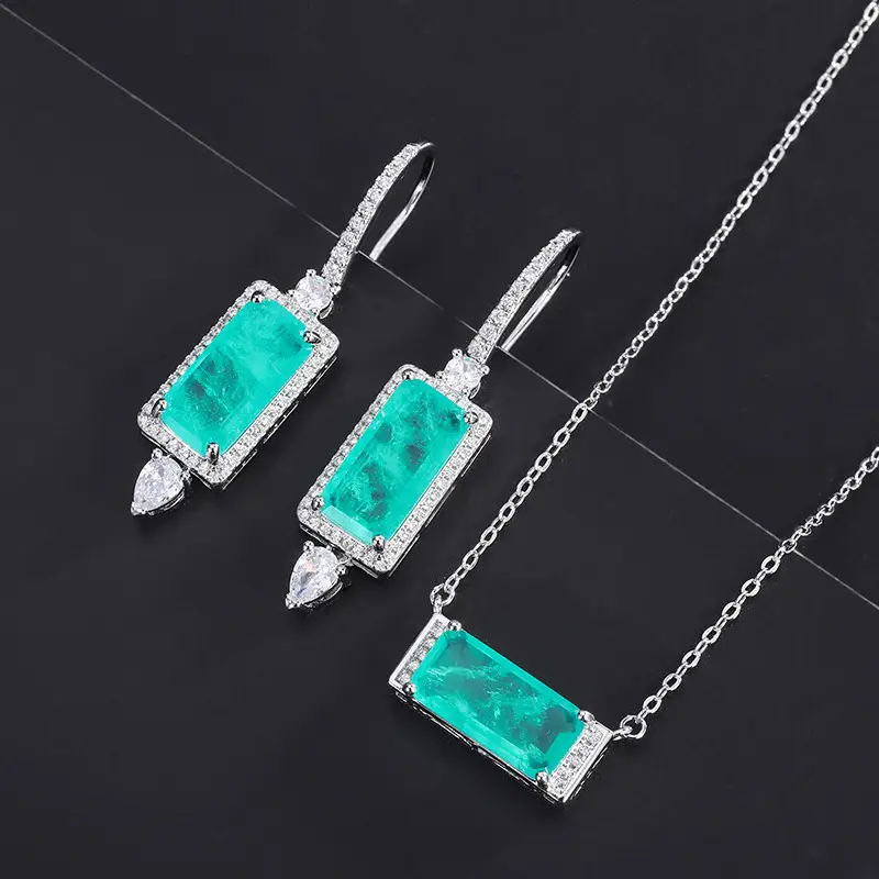 Emerald Gem Earrings with Zircon Clavicle Chain