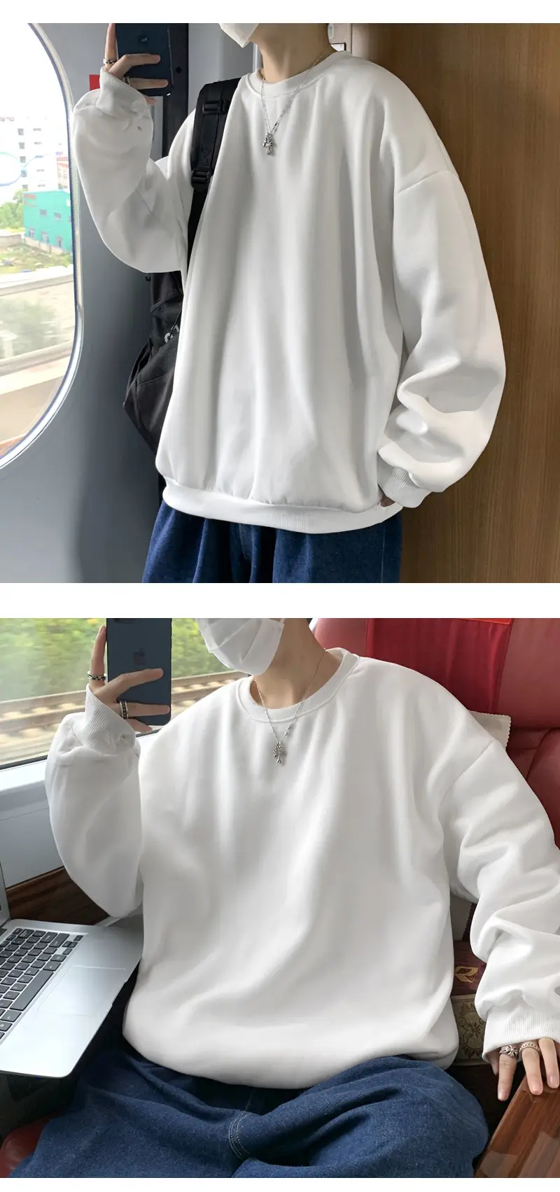 2021 Men's White Crewneck Sweatshirt with Pocket — feature 3