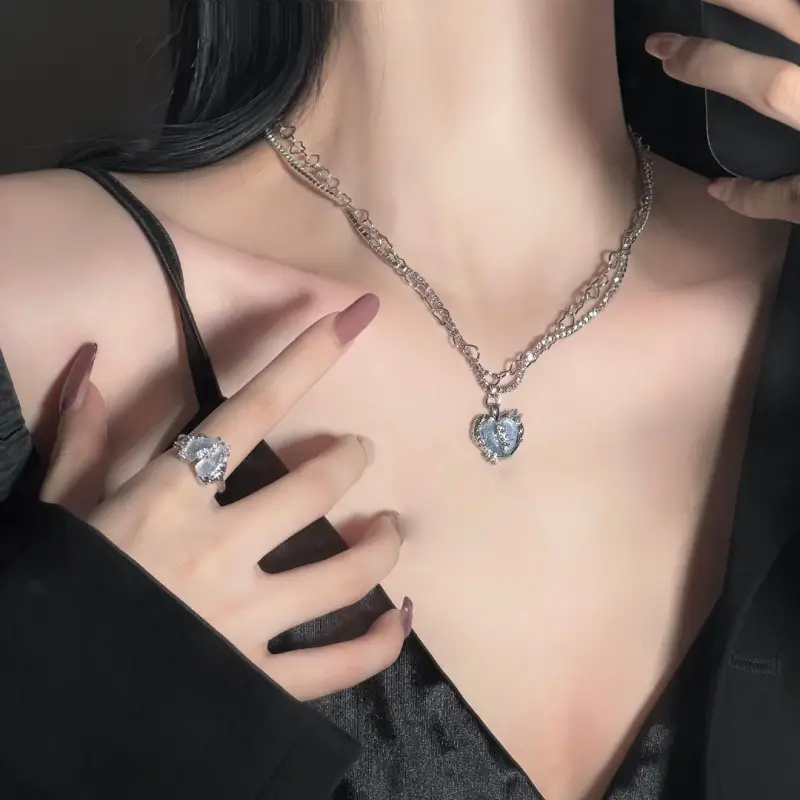 Ice Blue Zircon Split Love Ring with Micro-inlay Chain - Image 5