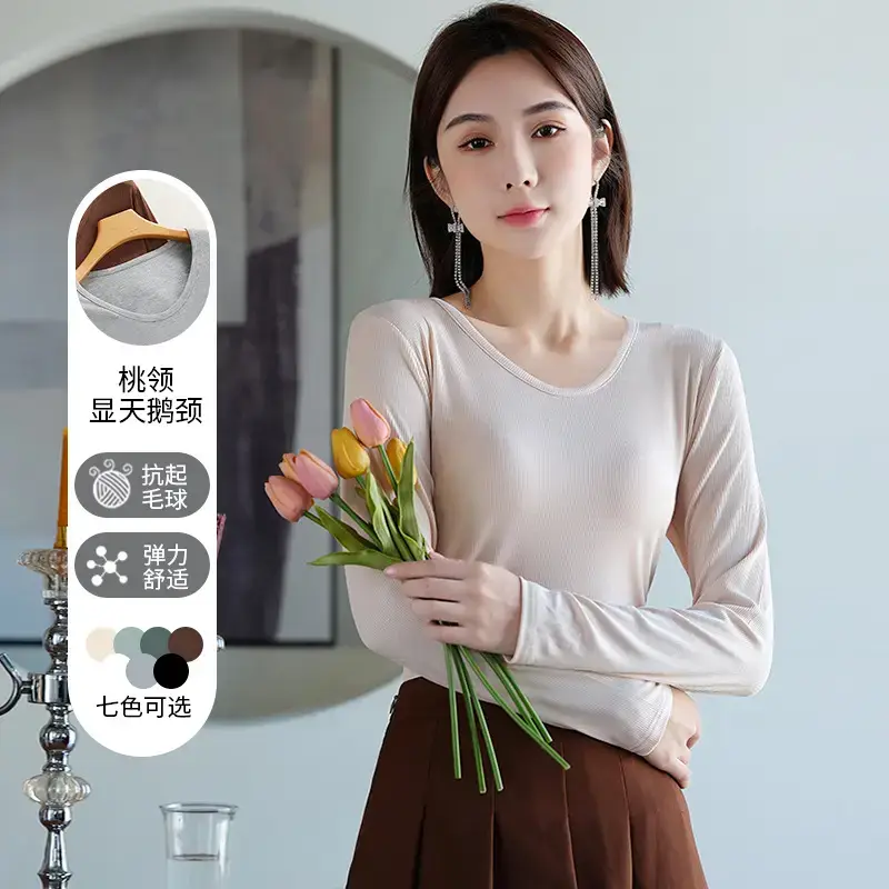 Women Long Sleeve V-Neck Solid Color T-Shirt