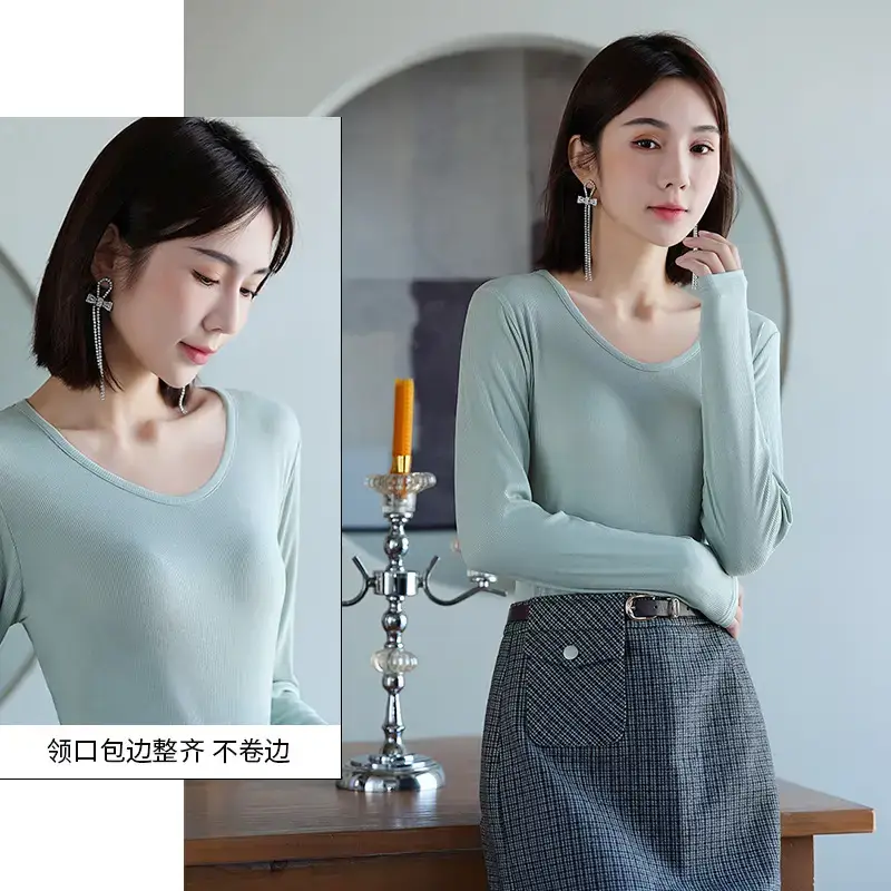 Women Long Sleeve V-Neck Solid Color T-Shirt