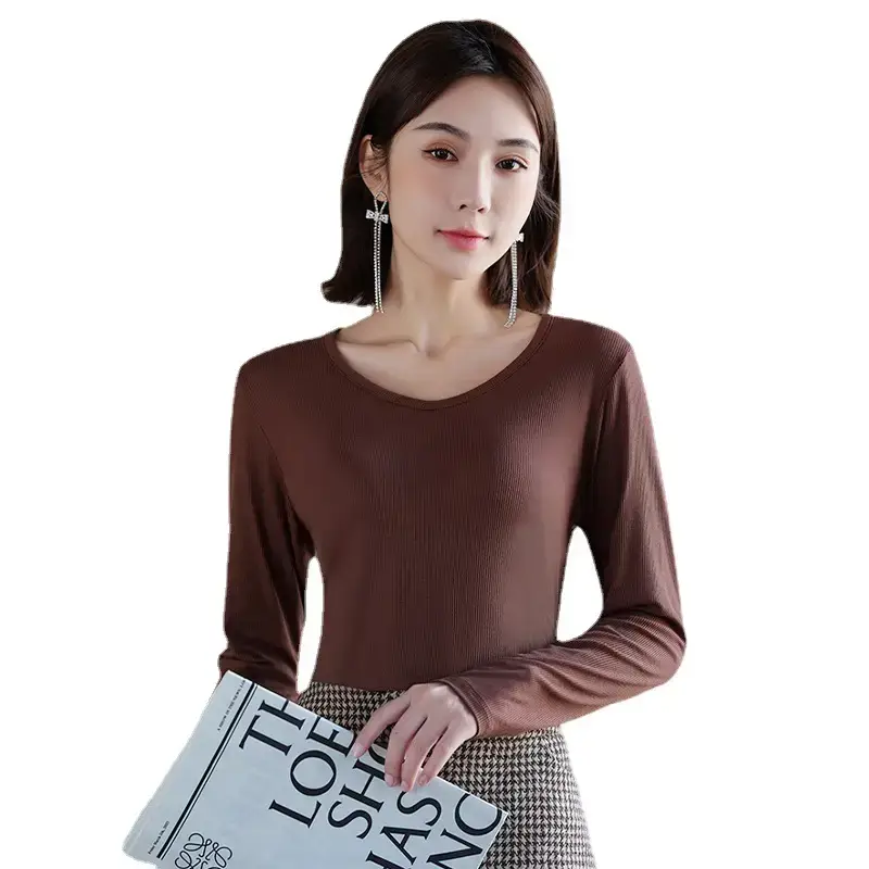 Women Long Sleeve V-Neck Solid Color T-Shirt