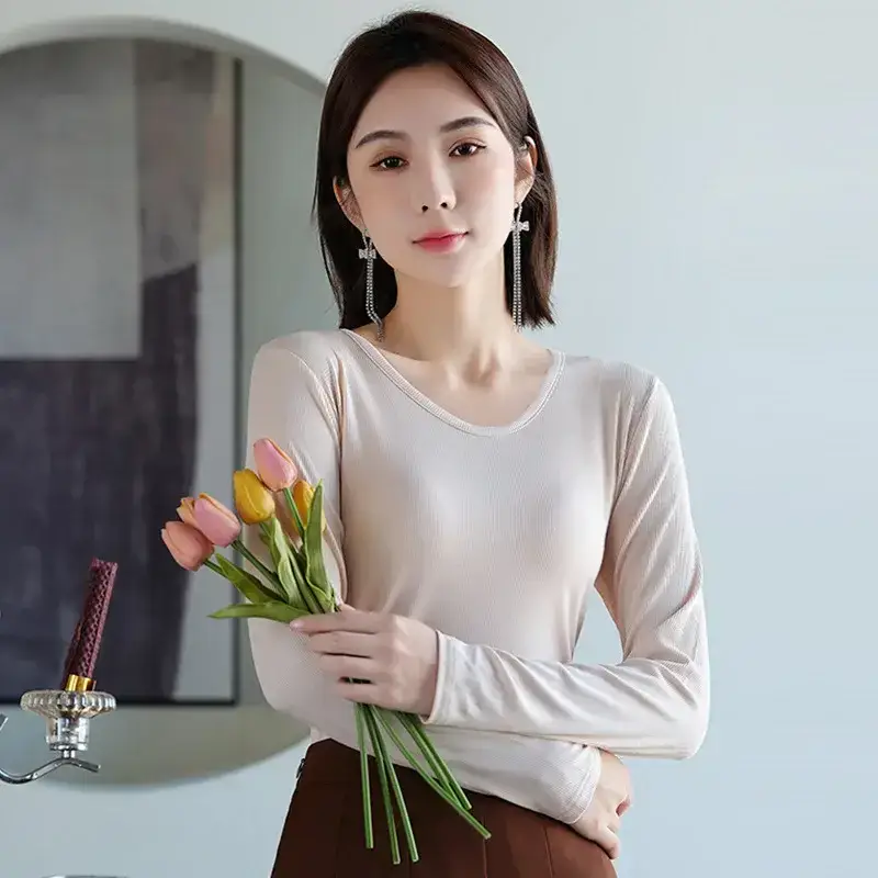 Women Long Sleeve V-Neck Solid Color T-Shirt