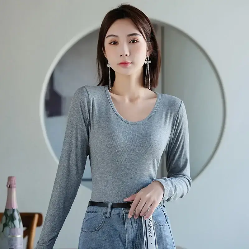 Women Long Sleeve V-Neck Solid Color T-Shirt