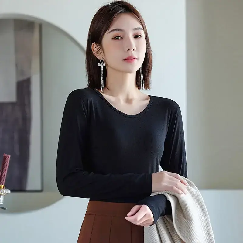 Women Long Sleeve V-Neck Solid Color T-Shirt