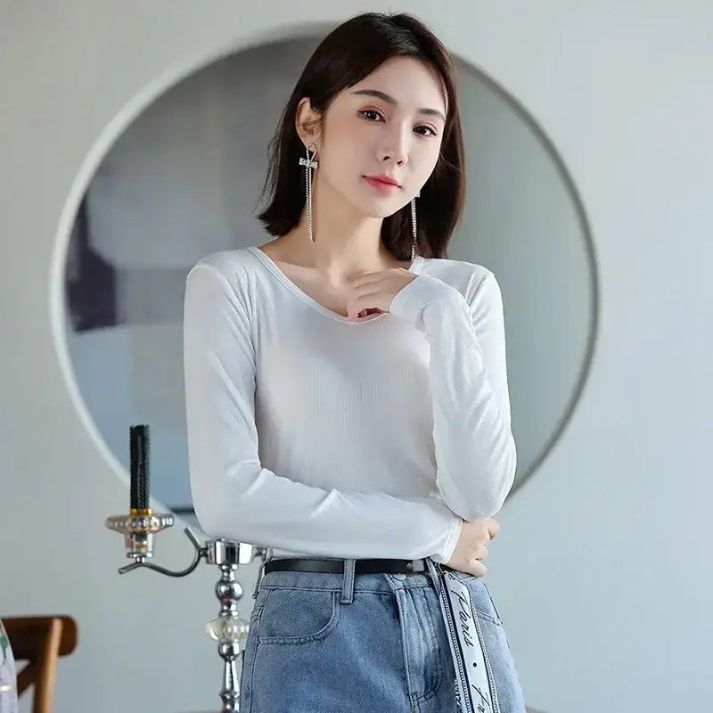 Women Long Sleeve V-Neck Solid Color T-Shirt
