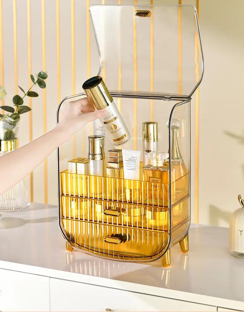 Transparent Cosmetic Storage Rack with Gold Legs — feature 7
