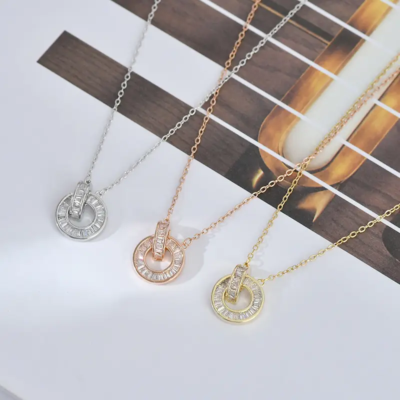 Real Gold Electroplated Zircon Double Ring Necklace for Women