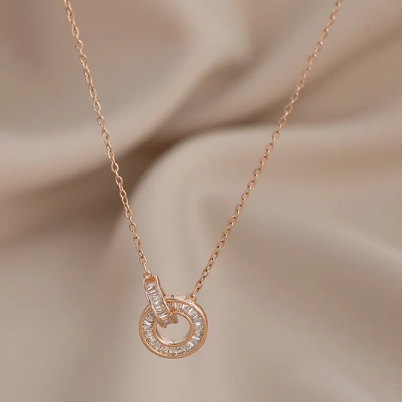 Real Gold Electroplated Zircon Double Ring Necklace for Women