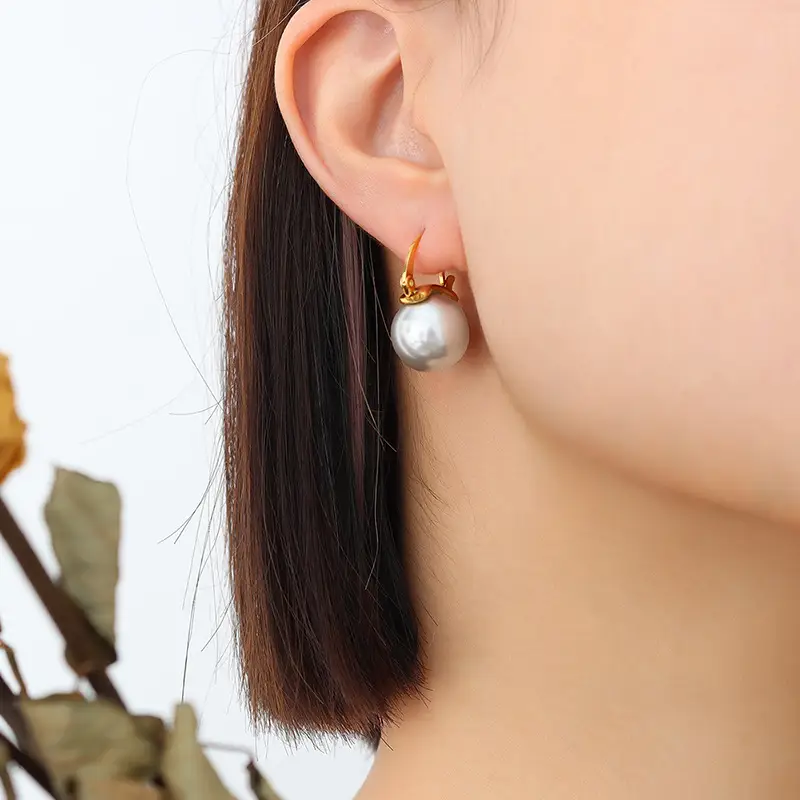 French Style Titanium Steel Earrings with Imitation Pearls 18K Gold