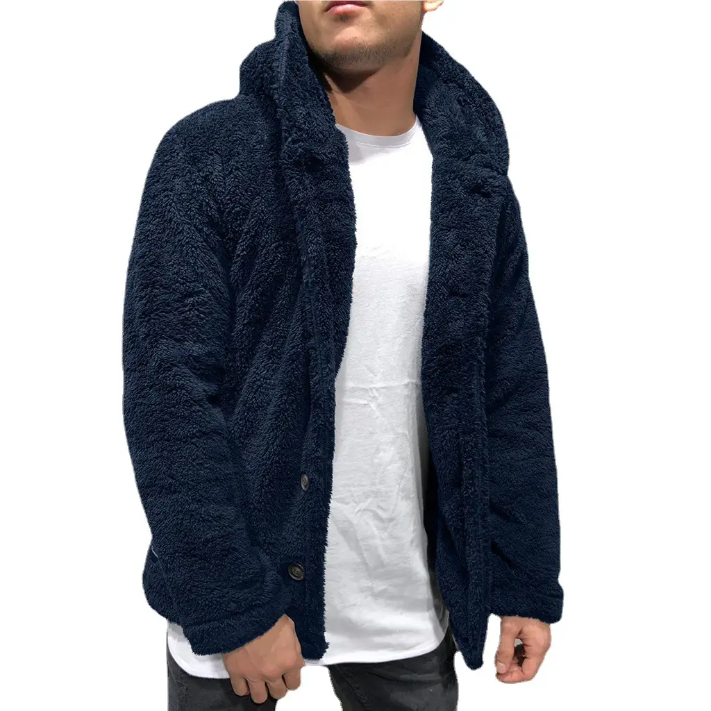 Men's Fleece Hooded Coat Black Solid Color - Image 12