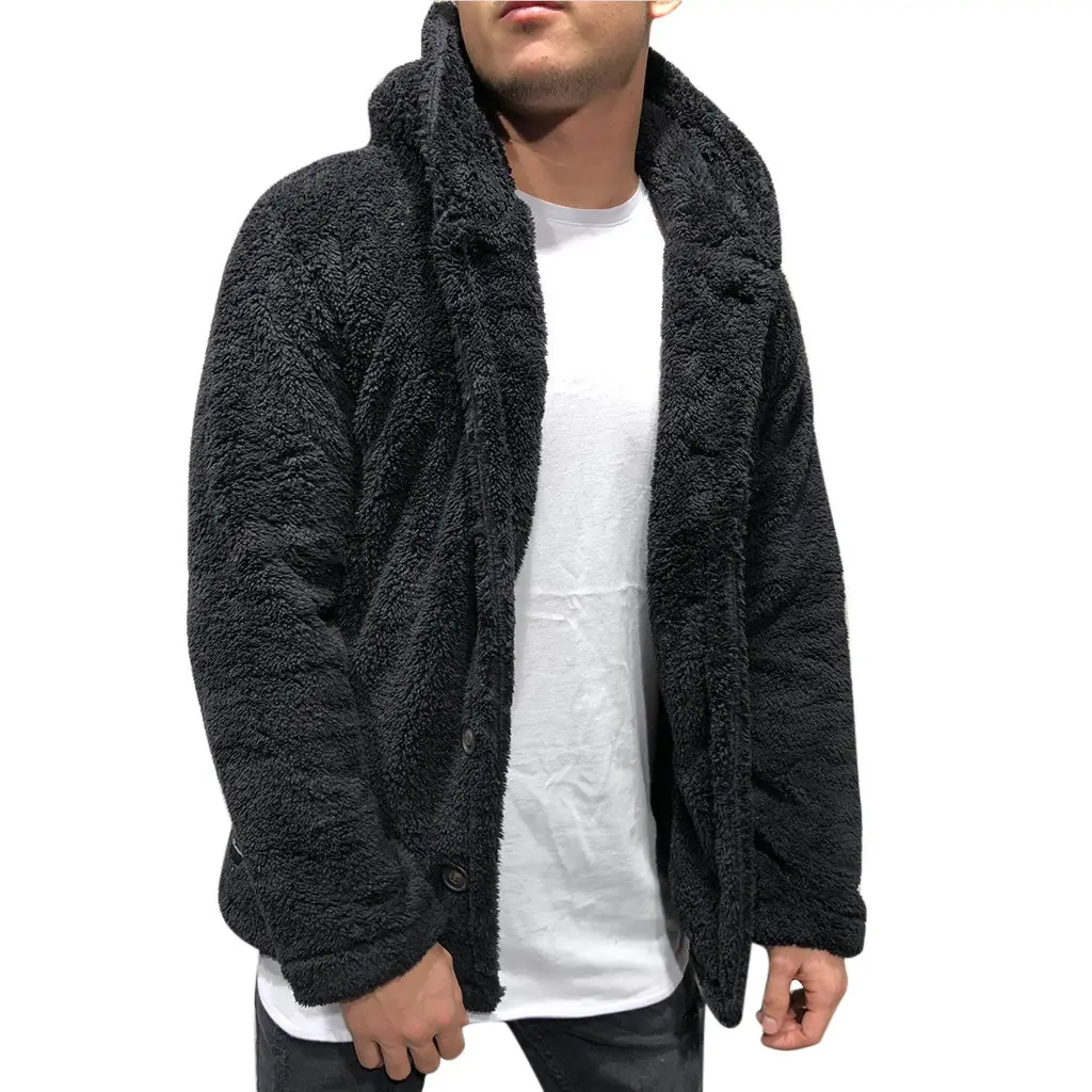 Men's Fleece Hooded Coat Black Solid Color - Image 2