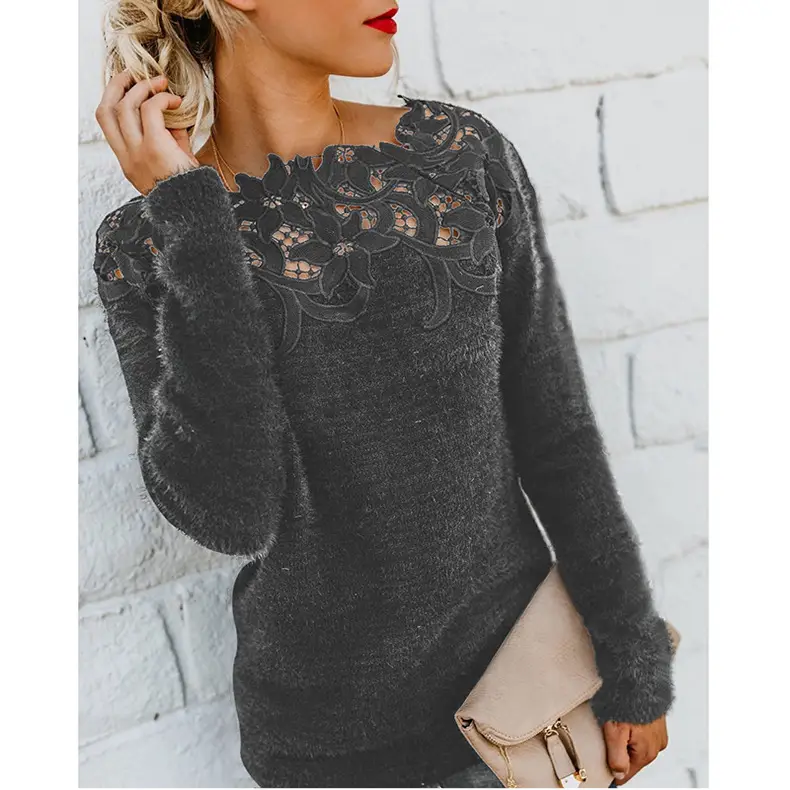 Long Sleeve Lace Sweater Women Grey 2025 - Image 3