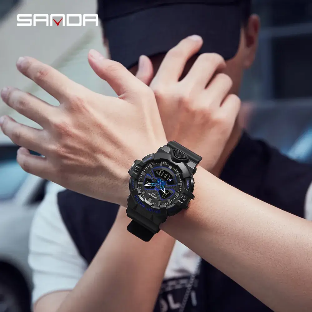 Sanda Dual Display Sports Watch for Men Waterproof Multi-Functional