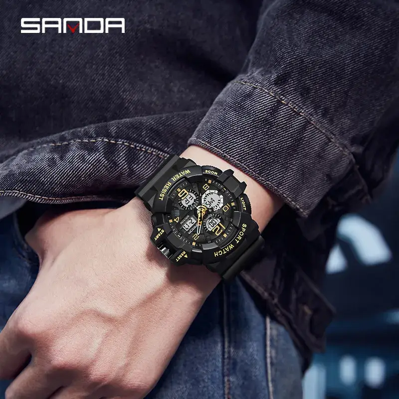 Sanda Dual-Display Waterproof Sports Watch Black