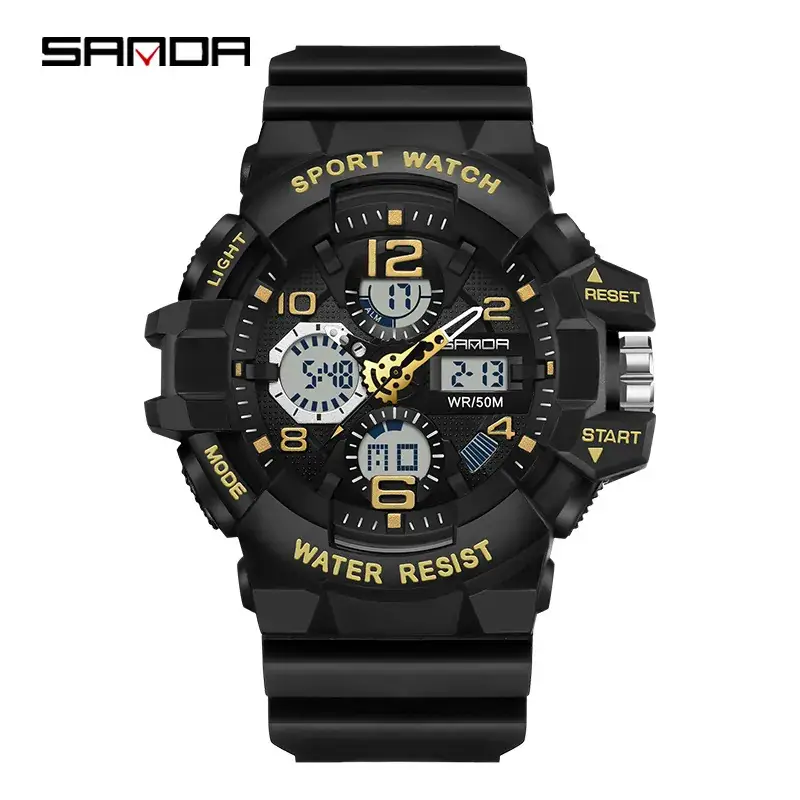 Sanda Dual-Display Waterproof Sports Watch Black