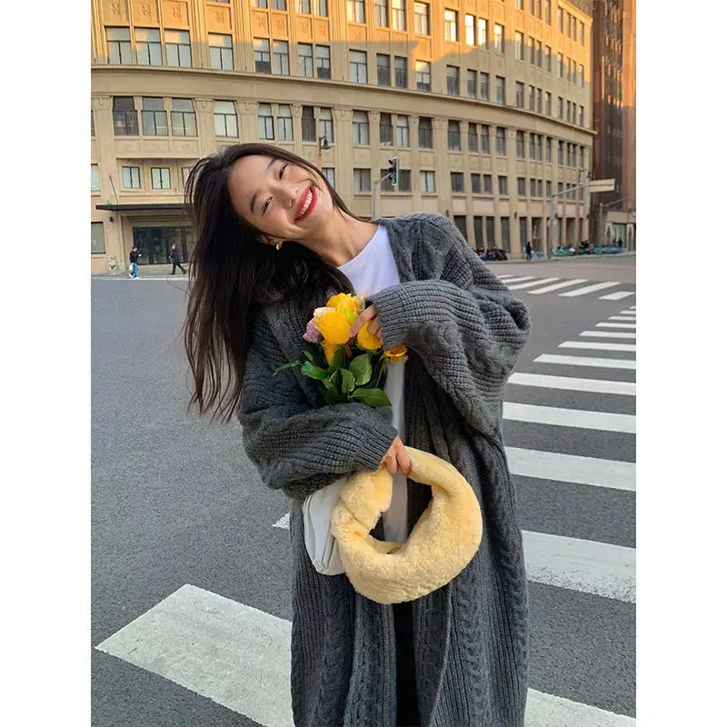 Women Mid-Length Woolen Cardigan Coat 2023 Winter Loose Outerwear