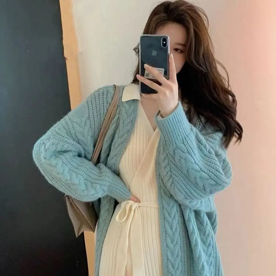 Women Mid-Length Woolen Cardigan Coat 2023 Winter Loose Outerwear
