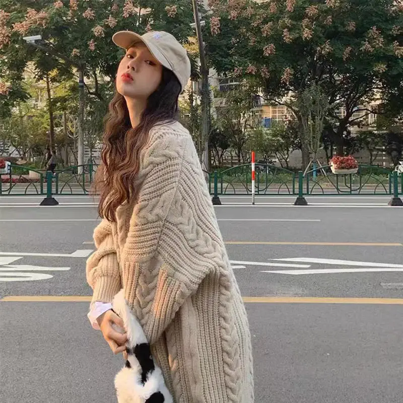 Women Mid-Length Woolen Cardigan Coat 2023 Winter Loose Outerwear