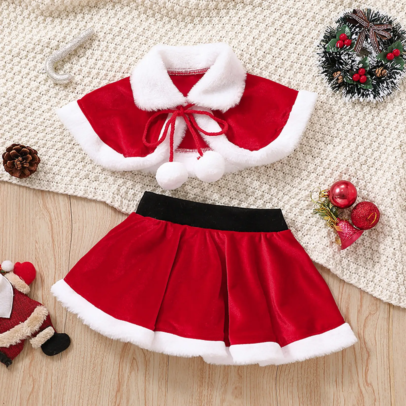 Red Santa Style Girls 2-Piece Holiday Suit with Fur Trim — feature 1