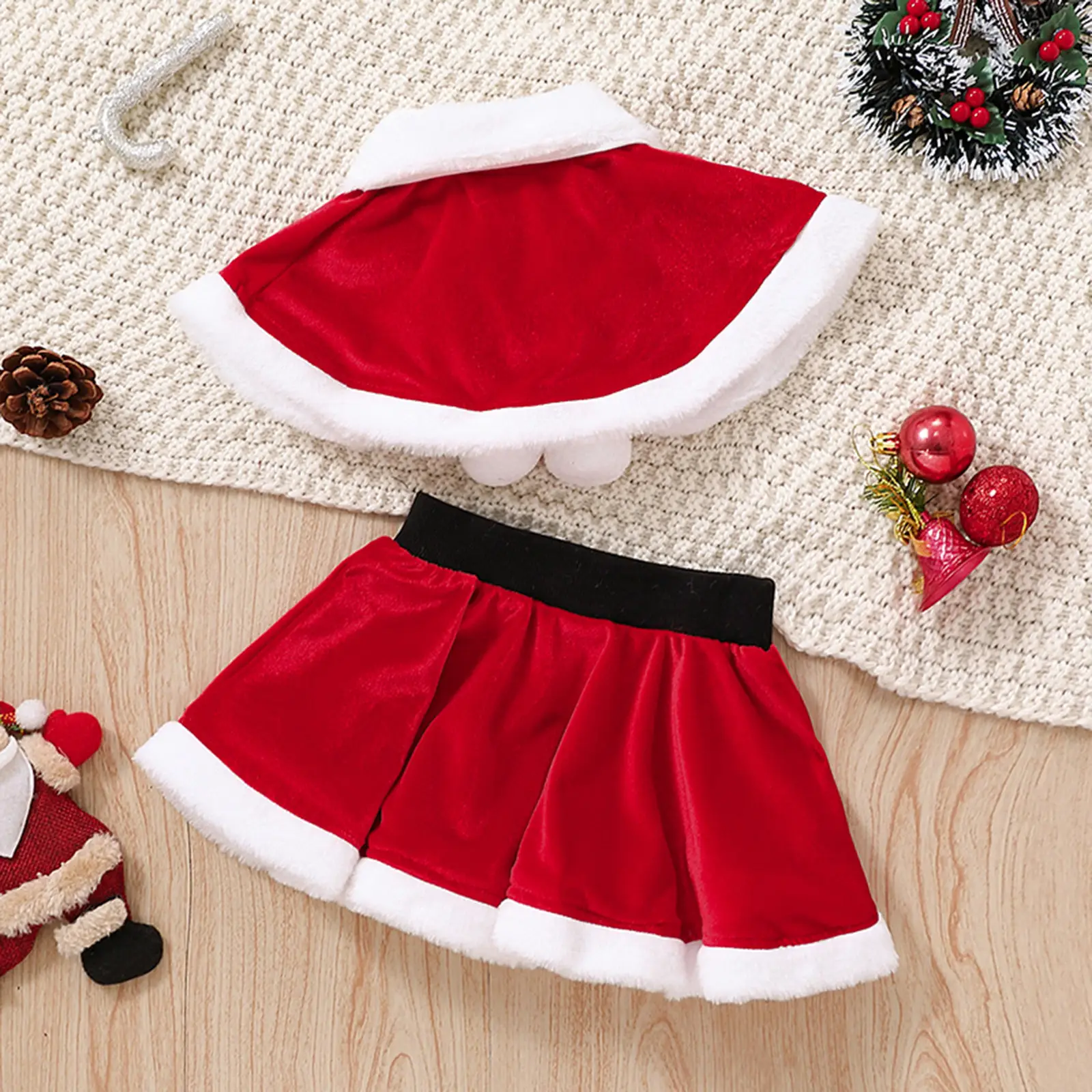 Red Santa Style Girls 2-Piece Holiday Suit with Fur Trim - Image 2