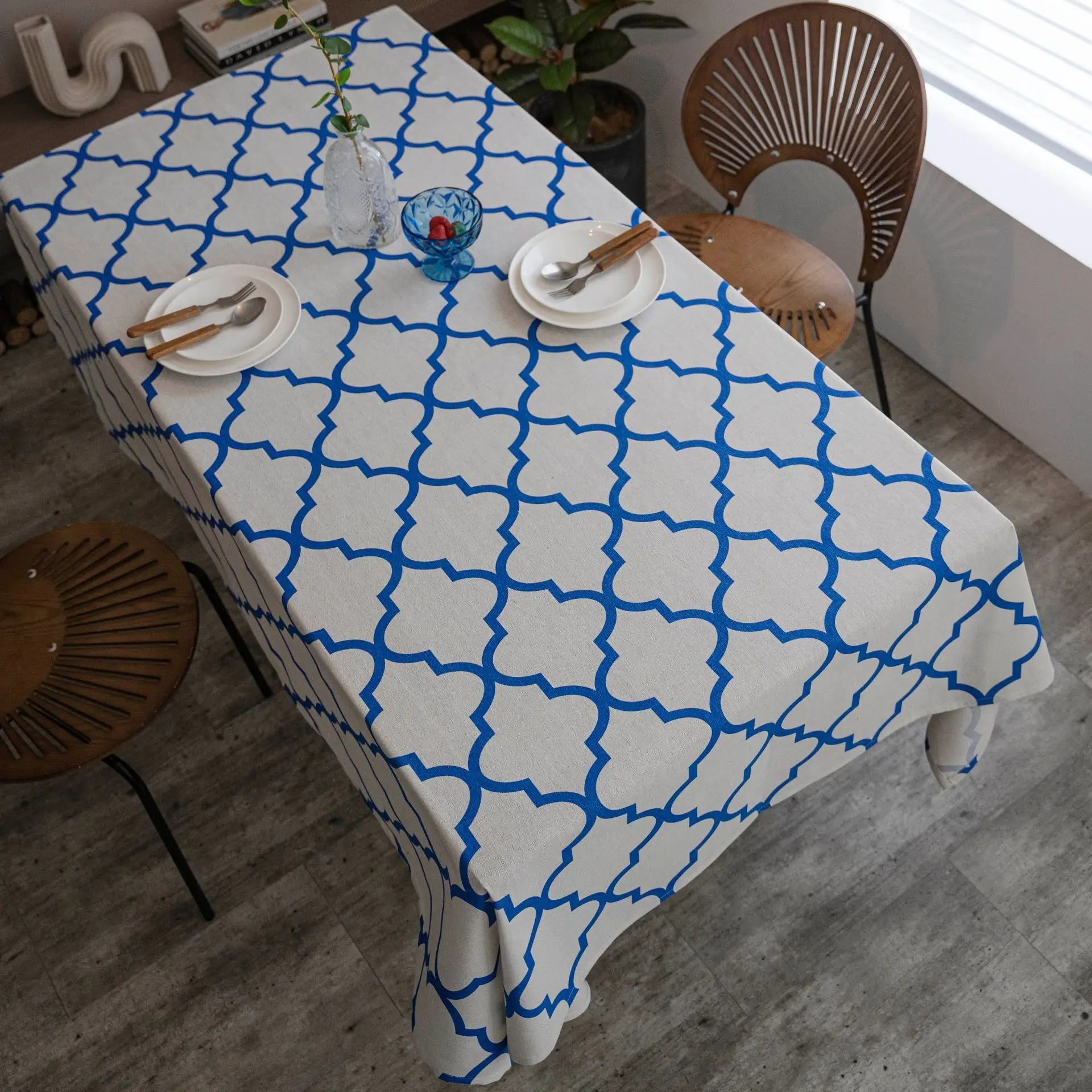 Imaki Blue Geometric Diamond Cotton Tablecloth - Image 3