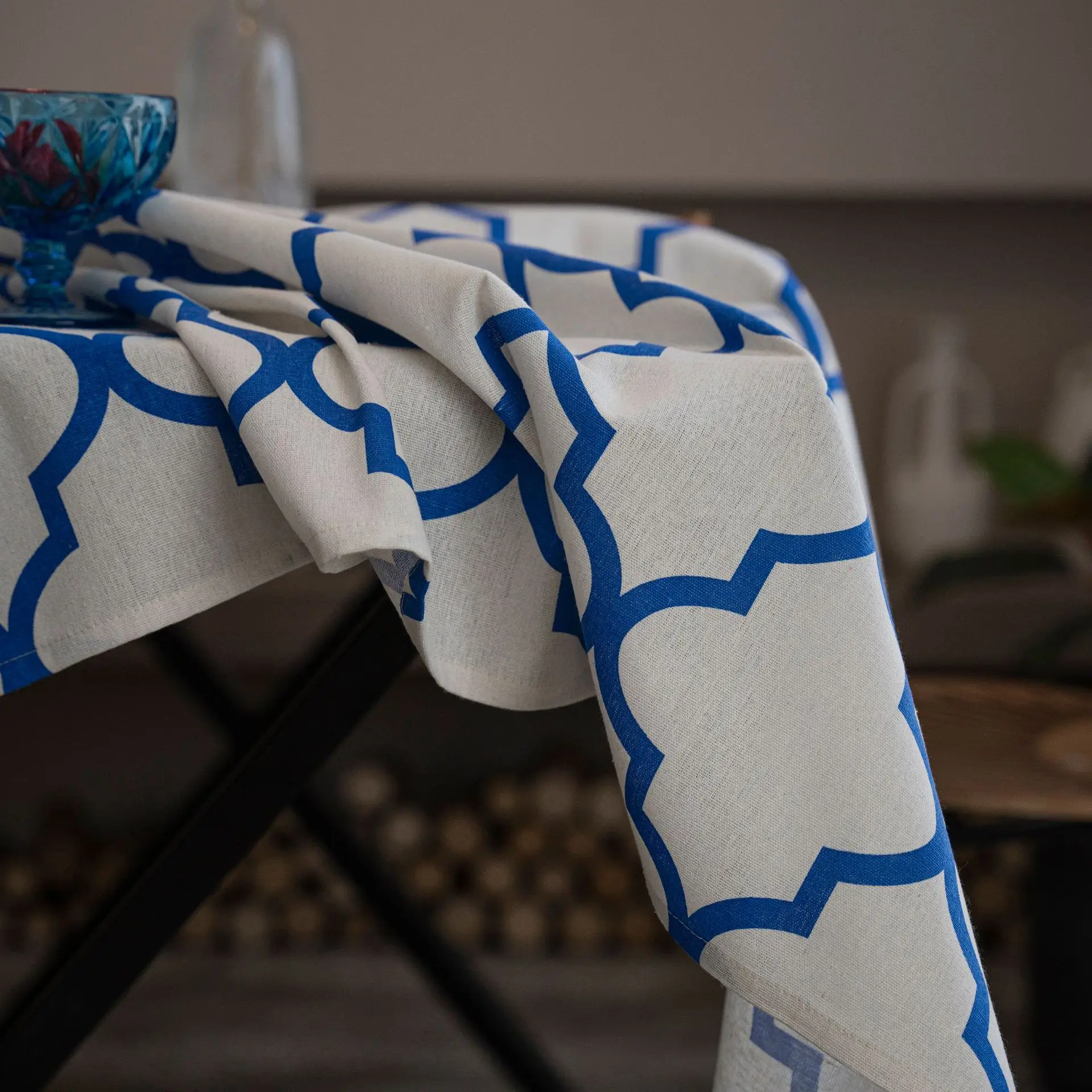 Imaki Blue Geometric Diamond Cotton Tablecloth - Image 4