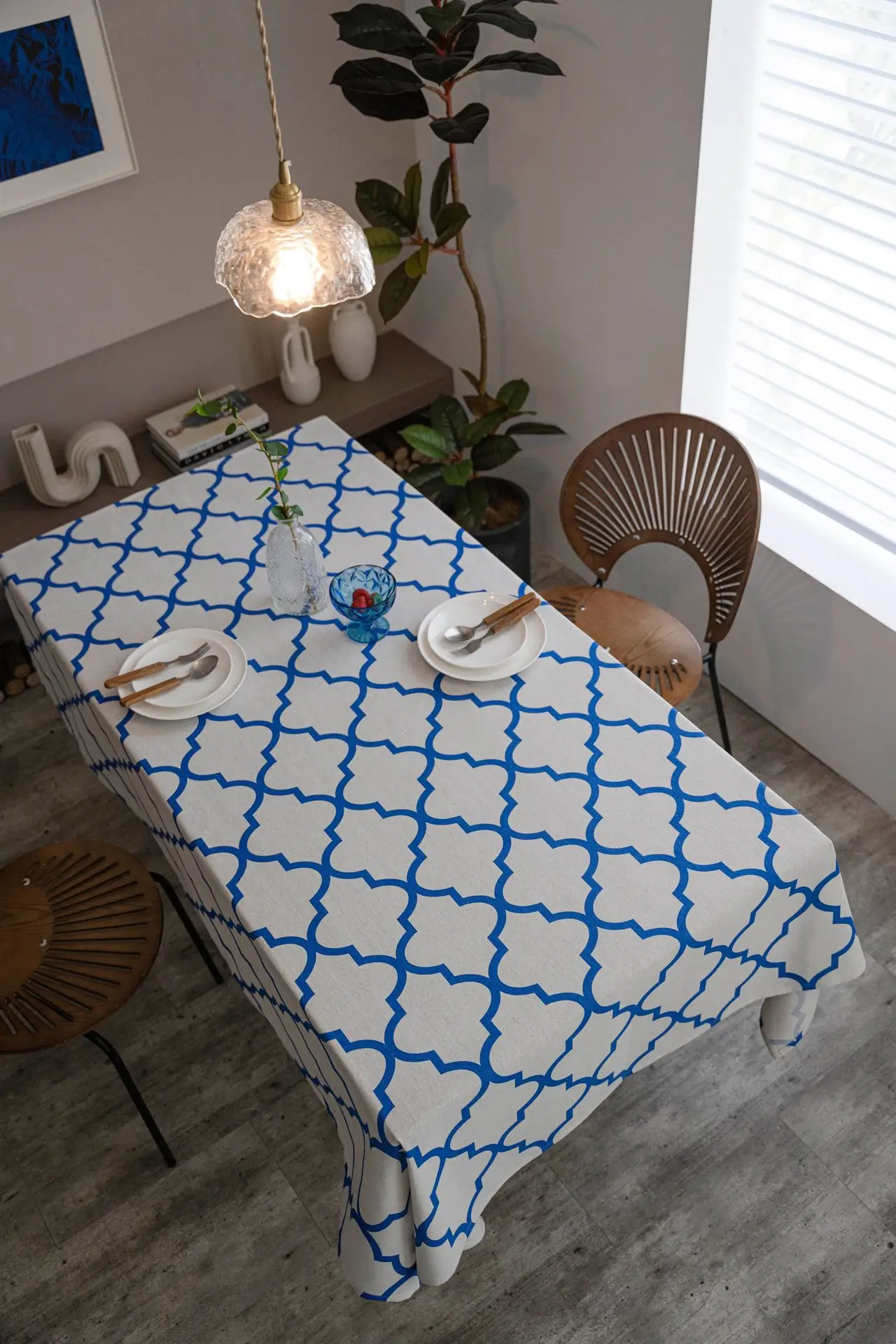 Imaki Blue Geometric Diamond Cotton Tablecloth — feature 11